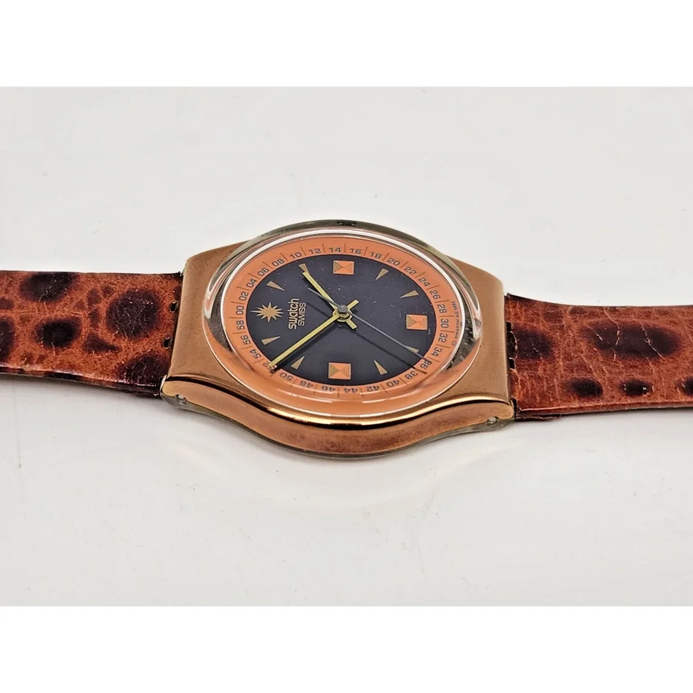 Vintage AG 1991 Swatch Watch Copper/Black Tone Leather Band Wt Case -New Battery